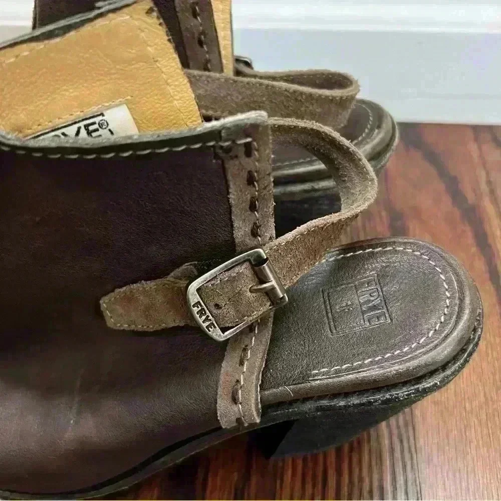 Frye Izzy Artisan Peep Toe Mule Booties Wm Sz 9 B Brown Leather Slingback Sandal